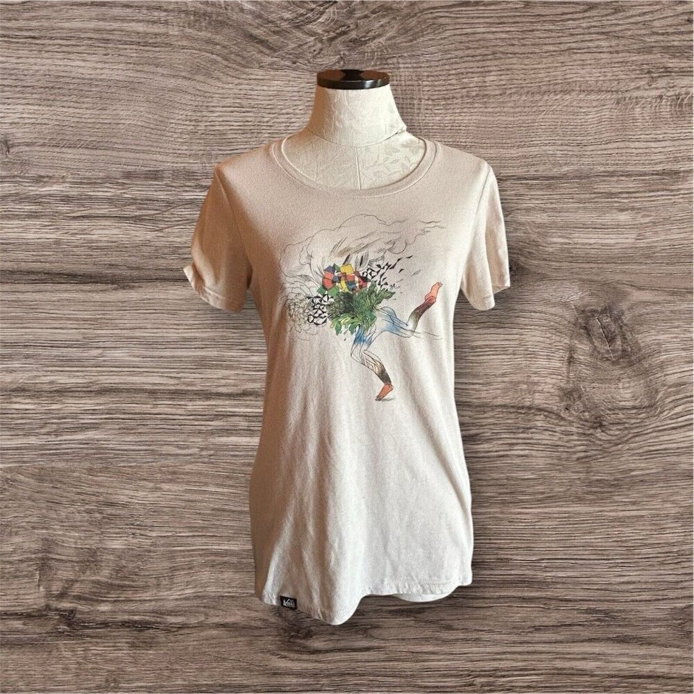 REI Co-Op Womens Graphic Tee Gala Bent Abstract Art Crewneck Size M Biege